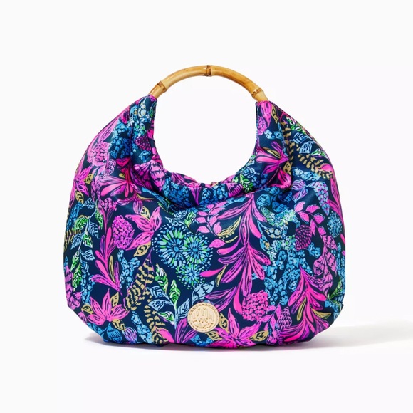Lilly Pulitzer Bamboo Handle Handbag Aegean Navy Calypso Coast; EUC - Picture 1 of 4